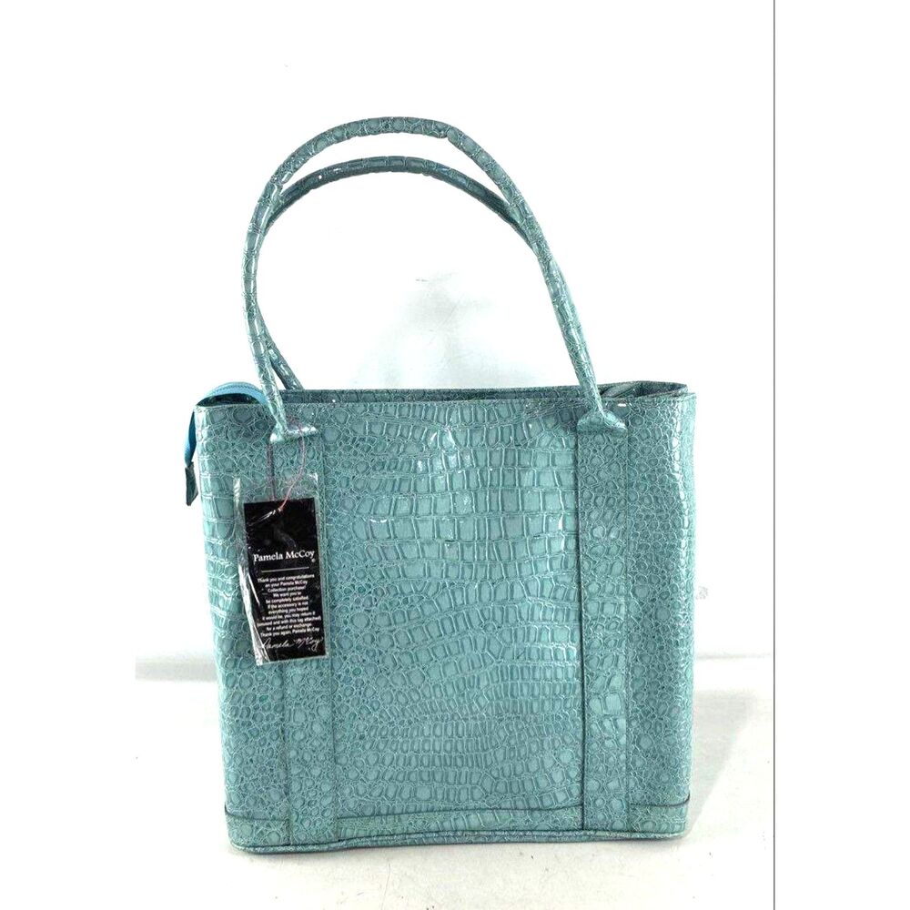 Pamela McCoy Tote Bag NWT Crocodile Embossed Turquoise Green Leather Shoulder Bg